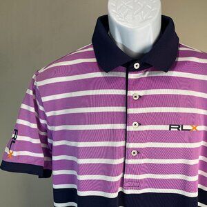 RLX Ralph Lauren Men's purple, blue & white striped golf polo shirt Large L EUC